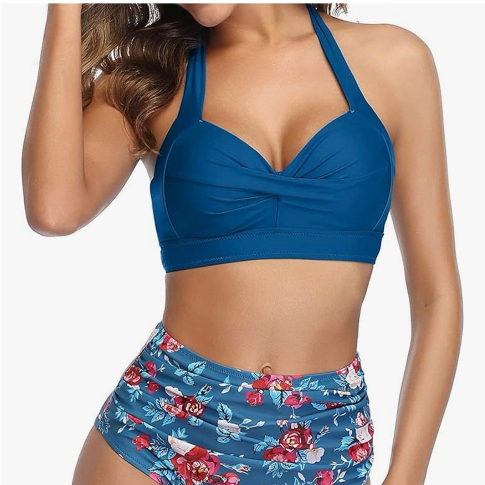 Tempt Me Blue and Red Retro Style Halter Bikini Set